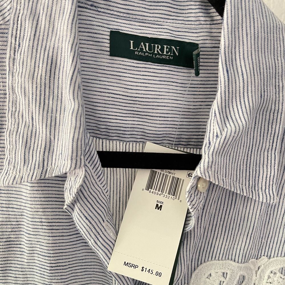 NWT Ralph Lauren Womens Linen Blue White Stripe Shirt Size S - Picture 2 of 4